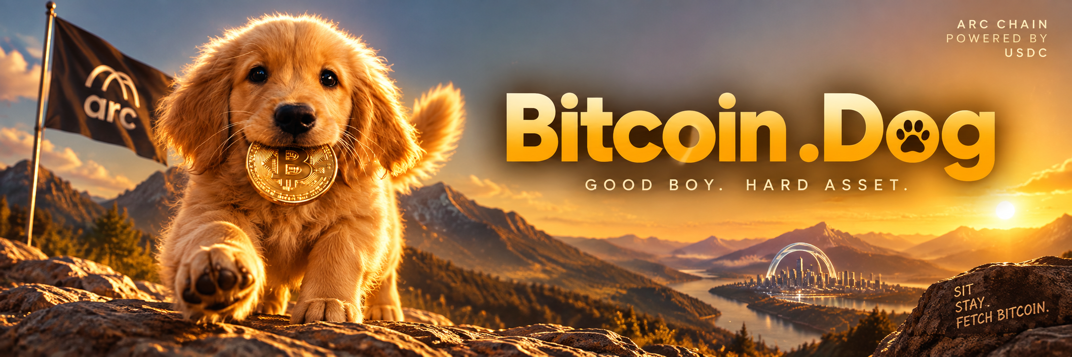 Cinematic Bitcoin .Dog banner: the golden retriever puppy on a mountain ridge at sunset, holding Bitcoin, with an Arc Chain flag and the words Bitcoin .Dog — Good boy. Hard asset.