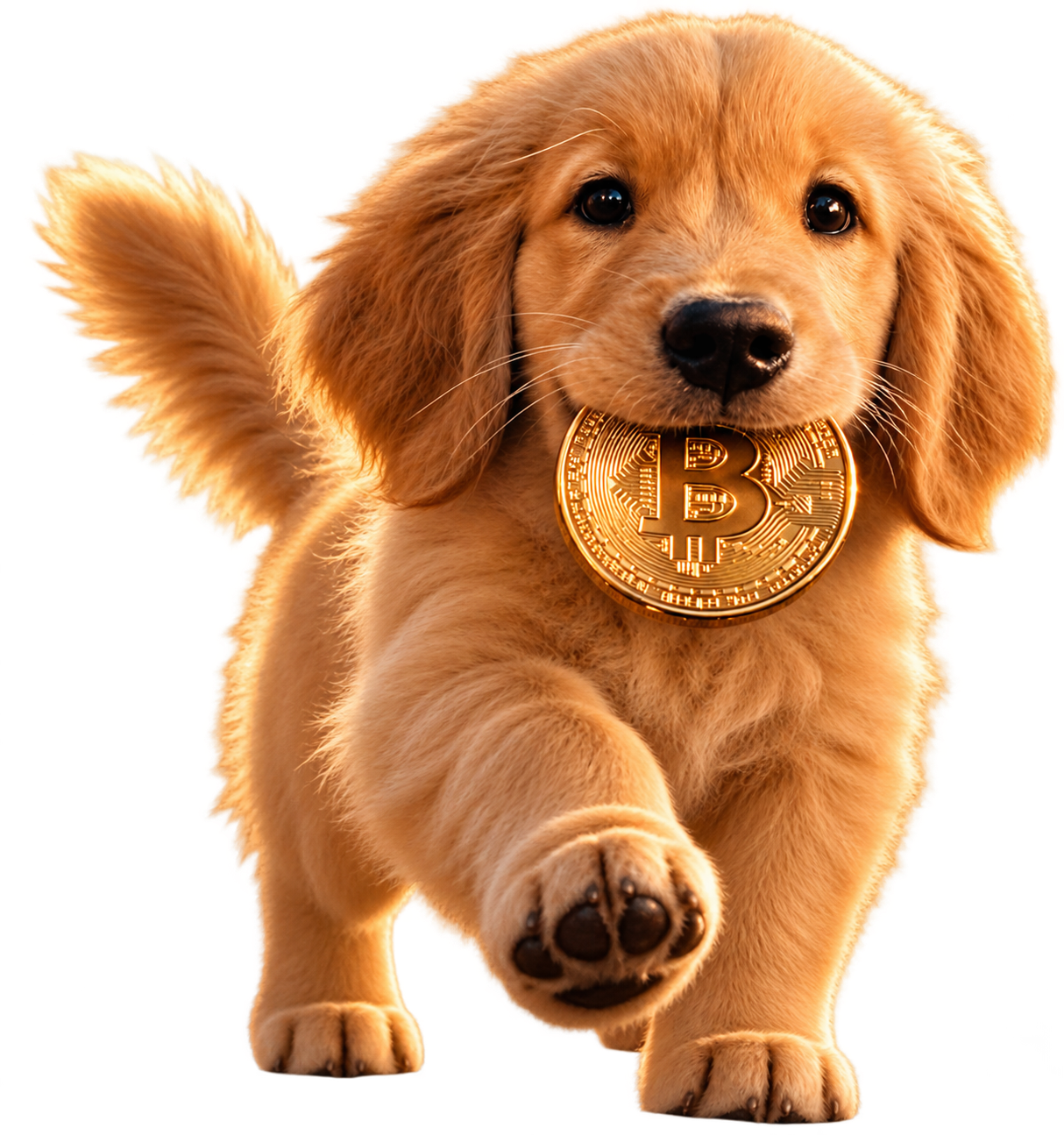 Bitcoin .Dog mascot: a golden retriever puppy running forward with a Bitcoin coin in its mouth